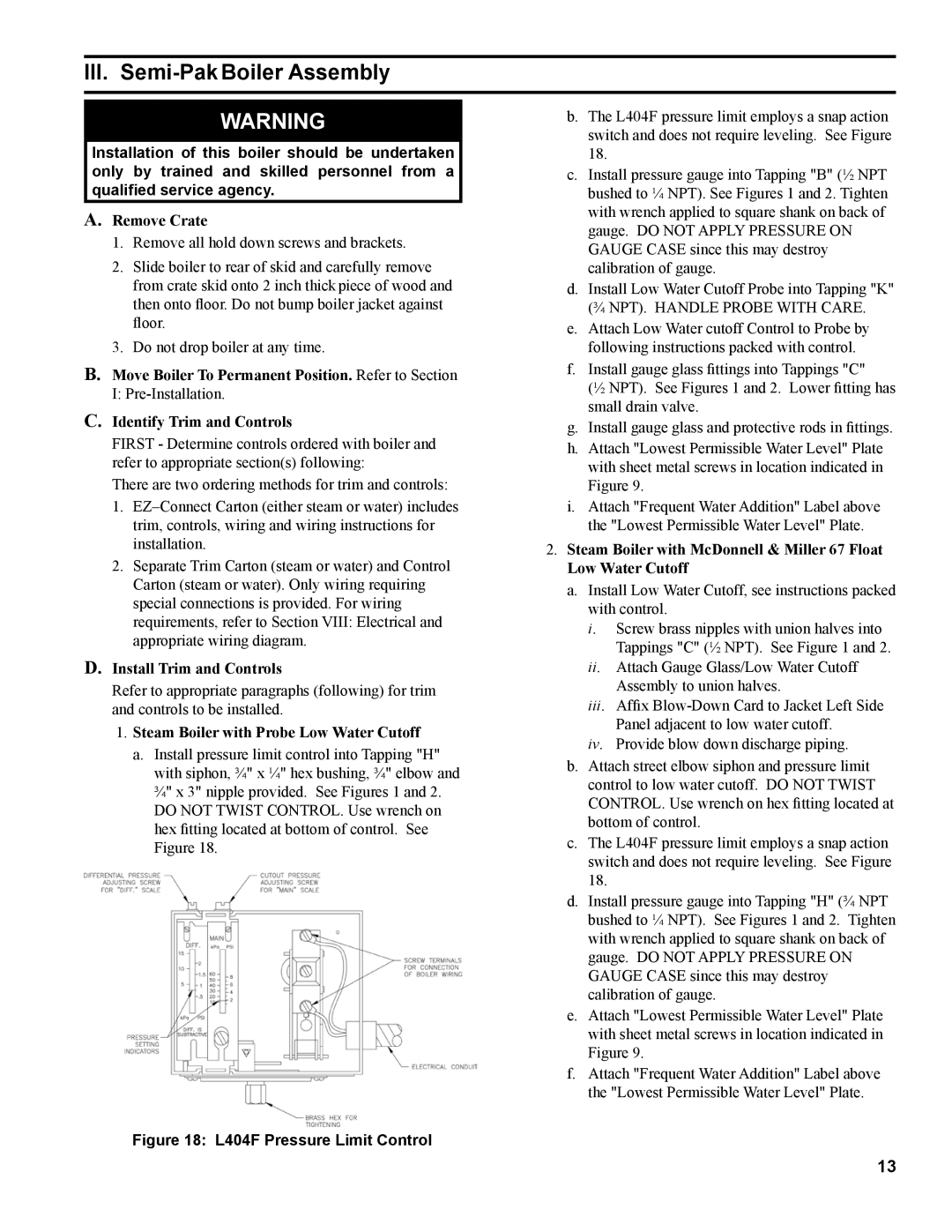 Burnham IN10 manual III. Semi-Pak Boiler Assembly, Remove Crate, Install Trim and Controls 